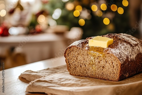 Warm loaf of bread topped with butter on rustic cloth, festive b photo