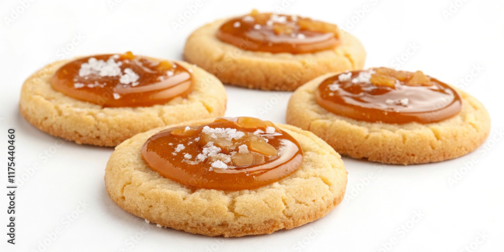 Golden cookies are topped with a layer of smooth caramel and sprinkled with a touch of sea salt. They are arranged in a slightly staggered pattern on a clean, white surface.AI Golden cookies are topped with a layer of smooth caramel and sprinkled with a touch of sea salt. They are arranged in a slightly staggered pattern on a clean, white surface.AI