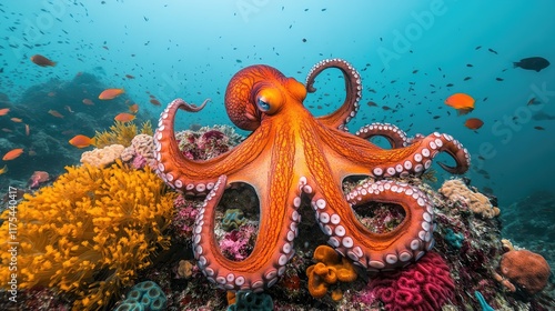 A vibrant orange octopus stretches its tentacles amidst a colorful coral reef teeming with fish. Ideal for marine life enthusiasts educational materials and ocean-themed designs. photo