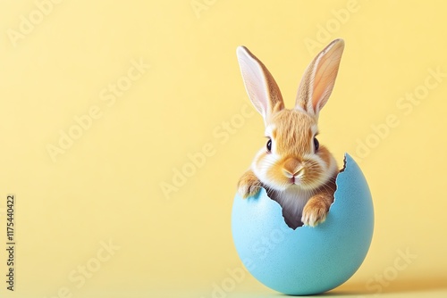 Cute rabbit emerging from pastel blue egg, bringing cheerful spr photo