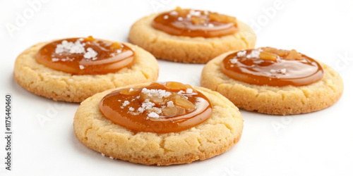 Wallpaper Mural Golden cookies are topped with a layer of smooth caramel and sprinkled with a touch of sea salt. They are arranged in a slightly staggered pattern on a clean, white surface.AI Torontodigital.ca