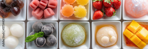 An assortment of colorful desserts placed in square white dishes, showcasing vibrant and tempting sweets with fruits, perfect for food enthusiasts. photo