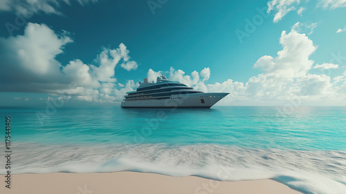 Luxurious cruise ship docked at the pristine white sand beach of the Cayman Islands in the Caribbean