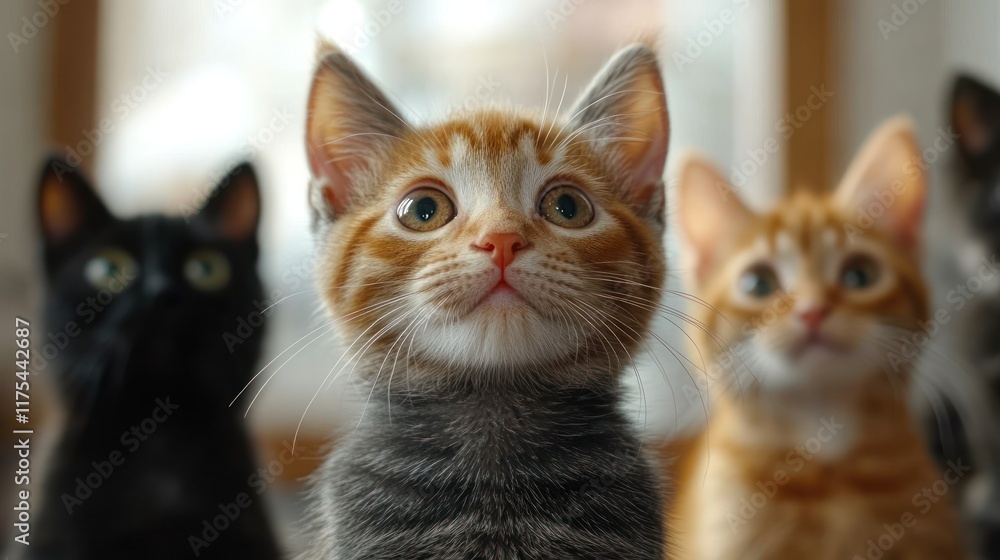 Three cute kittens looking up. Three cute kittens looking up.
