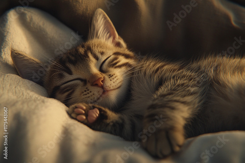 A close-up of a kitten sleeping peacefully, with the slightest smile on its face. Its tiny paws are curled up, and its soft fur looks like a fluffy cloud. photo