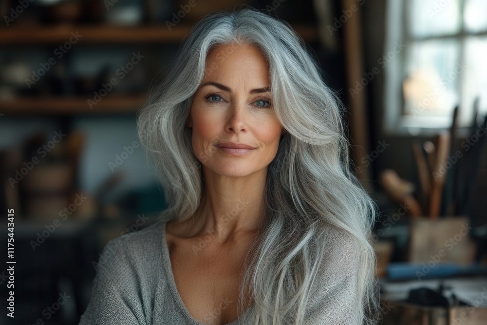 elegant portrait of a graceful middleaged woman with flowing gray hair softly lit against a backdrop of tools symbolizing creativity colors are warm invoking a sense of wisdom and artistry elegant portrait of a graceful middleaged woman with flowing gray hair softly lit against a backdrop of tools symbolizing creativity colors are warm invoking a sense of wisdom and artistry