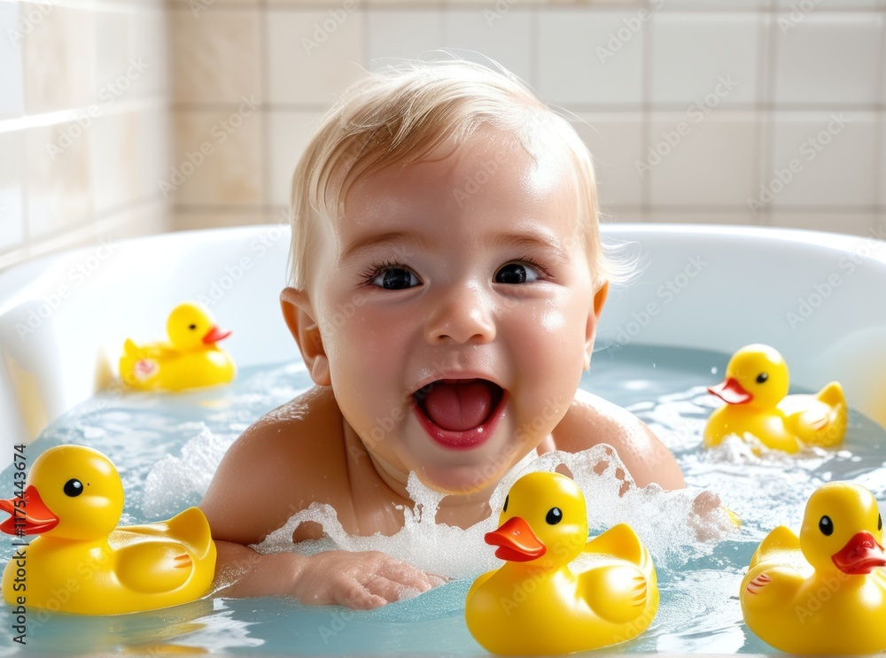 Baby enjoys bath time with yellow rubber ducks in a bright bathroom setting Baby enjoys bath time with yellow rubber ducks in a bright bathroom setting