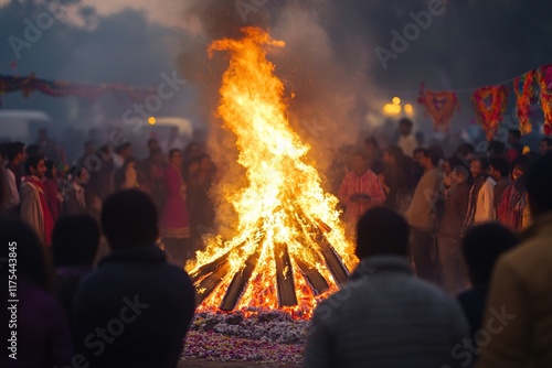 Warm flames dance in night, surrounded by crowd celebrating toge photo