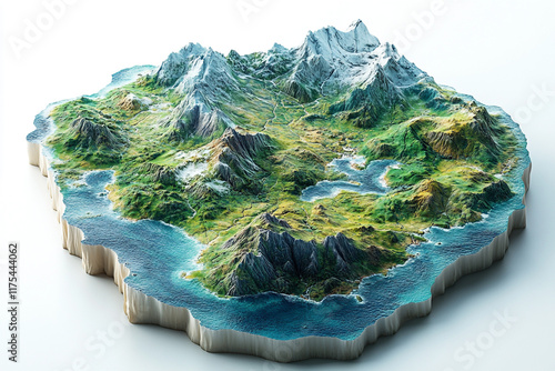 A 3D model of a mountainous island surrounded by ocean