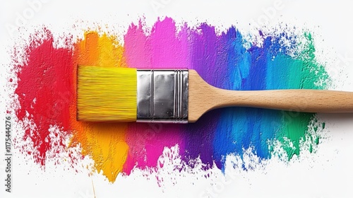 A paintbrush lies on a vibrant rainbow smear of paint. Ideal for art supply ads, DIY projects, or creative content promoting color and expression. photo