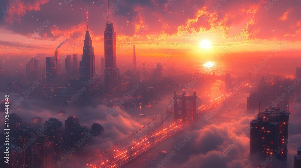 Naklejka premium Futuristic city skyline, illuminated bridges, vibrant sunset horizon, dynamic urban landscape, advanced architecture, serene evening glow