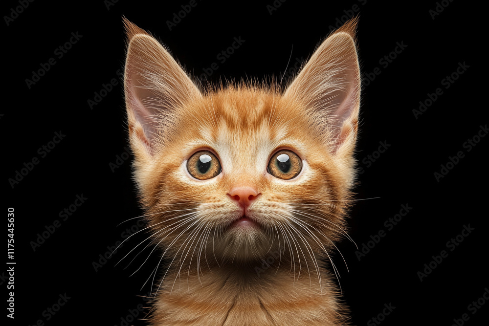 Fototapeta premium A close-up shot of a kitten with adorable droopy ears and a cute, squished face, as if in a perpetual state of wonder. Its little mouth is slightly open.