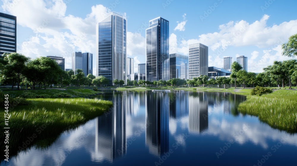 Modern city skyline reflected in a tranquil lake surrounded by greenery. Modern city skyline reflected in a tranquil lake surrounded by greenery.