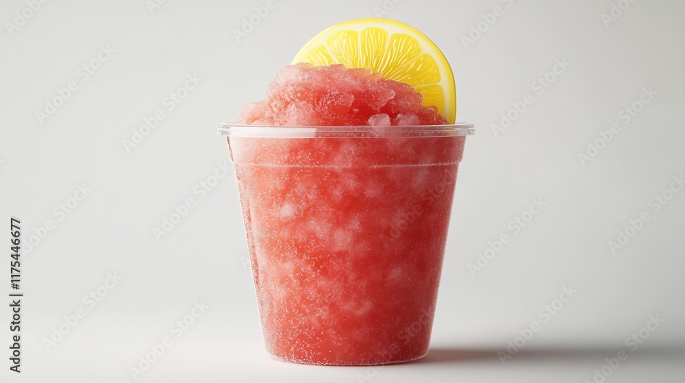 Refreshing Red Slushy with Lemon Garnish in a Plastic Cup Refreshing Red Slushy with Lemon Garnish in a Plastic Cup