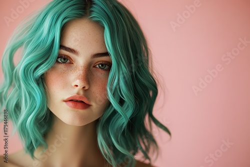 Soft features blend with vibrant teal hair, set against pastel b photo