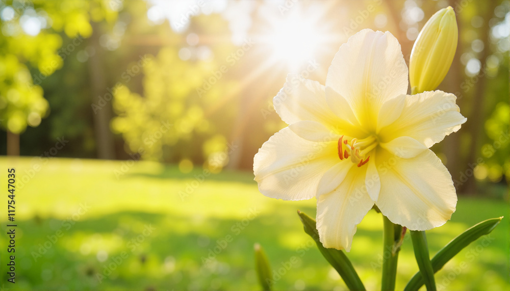 Fototapeta premium Yellow flower blooming in sunlight against green background