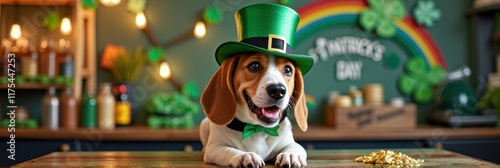 Beagle puppy in leprechaun hat celebrating st. patrick's day with festive decor photo