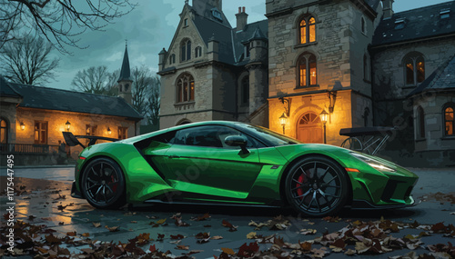 Vector image of a green super car parked in the courtyard of an old European style castle building.