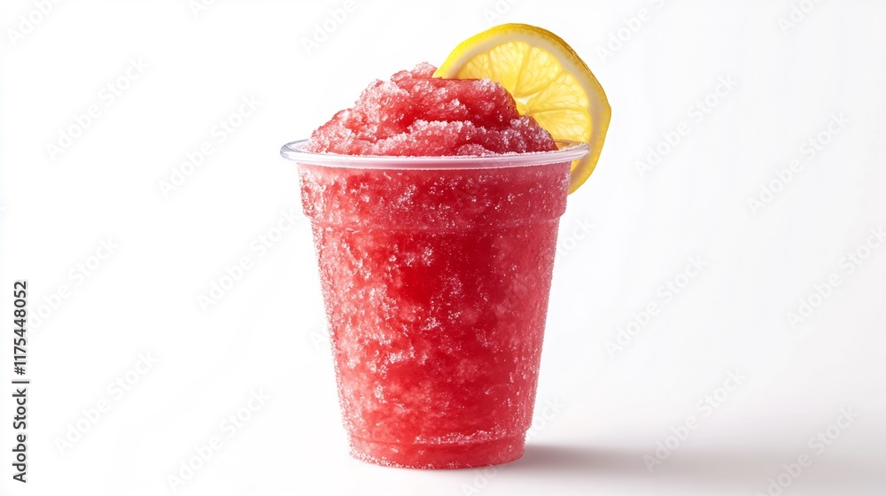 Refreshing Red Slushy with Lemon Garnish in Plastic Cup Refreshing Red Slushy with Lemon Garnish in Plastic Cup