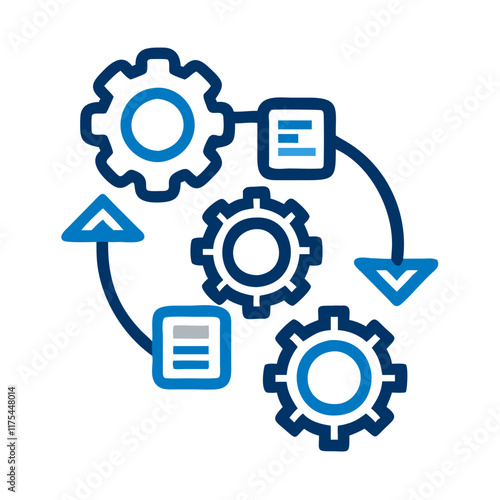 Workflow management icon with gears and arrows in linear style