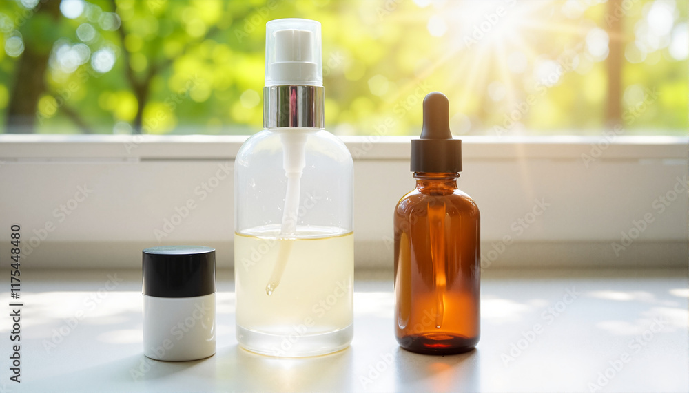 Three skincare bottles on windowsill with natural sunlight Three skincare bottles on windowsill with natural sunlight