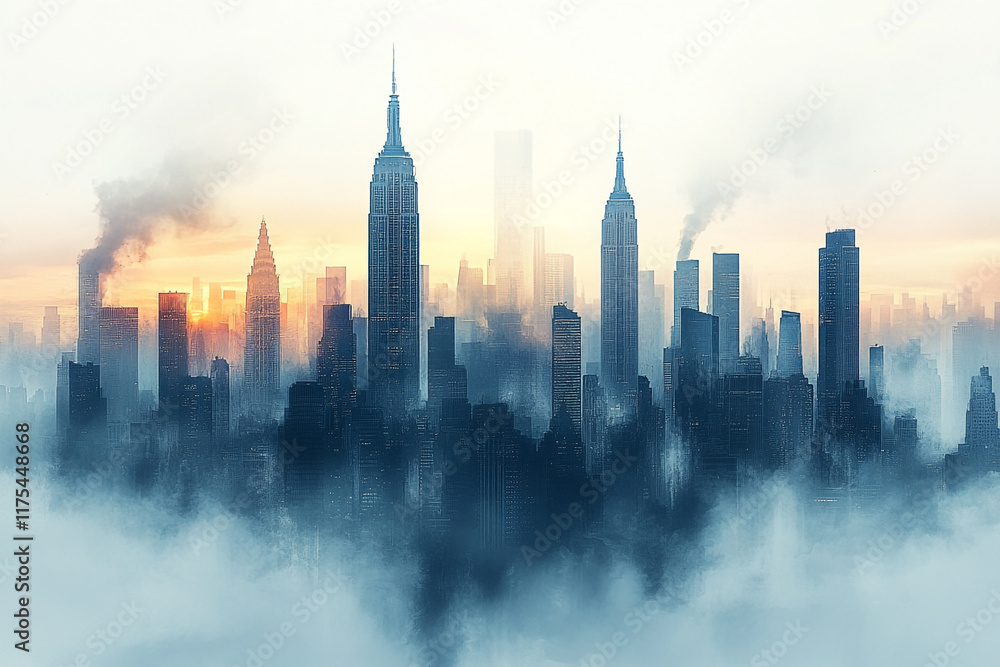 Obraz premium A misty sunrise over a cityscape of towering skyscrapers