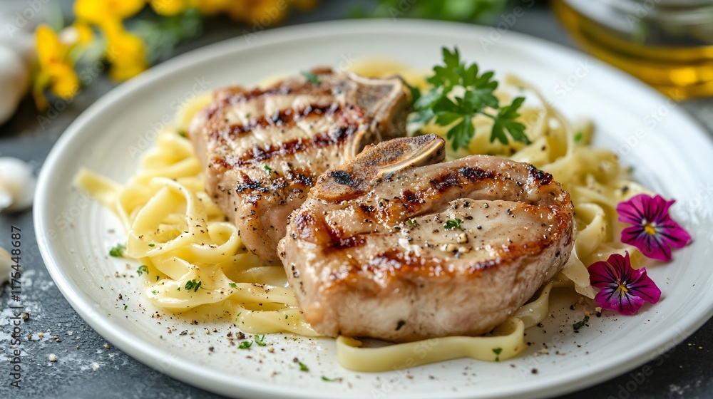 Pork chops and noodles served in a gourmet style with a drizzle of truffle oil, isolated on a white plate with edible flowers Pork chops and noodles served in a gourmet style with a drizzle of truffle oil, isolated on a white plate with edible flowers
