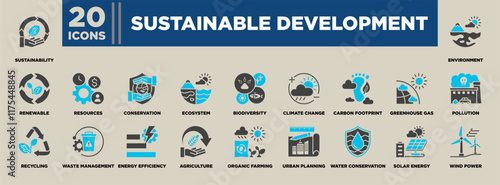 Sustainable Development Icon Set Blue Grey