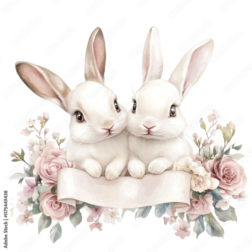 Obraz premium Cute Rabbits with Floral Decoration and Blank Banner for Design