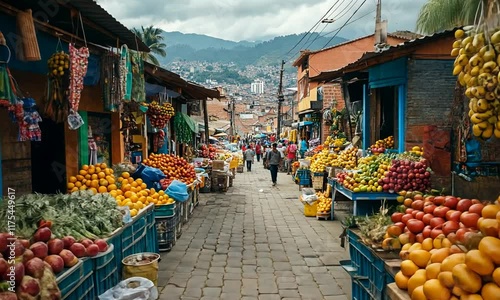 Vibrant Colombian Fruit Market: A Colorful Street Scene Filled with Fresh Tropical Produce and Bustling with Local Life