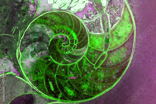 abstract photo of a cut stone with a green ammonite texture with a golden section close-up