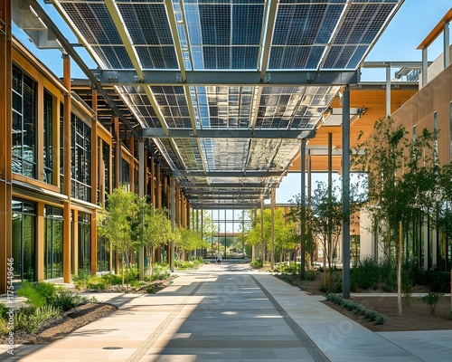Modern Eco-Friendly Office Building with Solar Panel Canopy photo