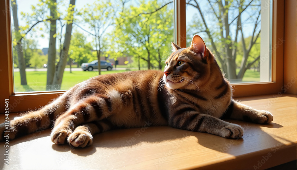 Obraz premium Relaxed cat lounging on windowsill with sunny view