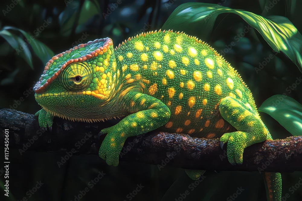 Obraz premium enchanting chameleon with vibrant green scales perched on a branch blending seamlessly into its lush surroundings showcasing its unique camouflage against a vibrant rainforest backdrop
