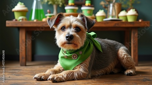 Adorable puppy celebrating st. patrick's day with green decorations and festive cupcakes photo