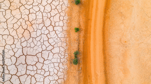 Aerial view of dried riverbed with cracked earth, climate change and global warming