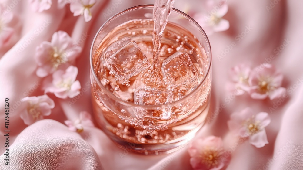Delicate flower petals surround ice cubes floating in a glass of sparkling rosé wine, all resting on a soft pink cloth. Delicate flower petals surround ice cubes floating in a glass of sparkling rosé wine, all resting on a soft pink cloth.