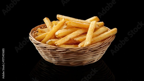 Crispy Golden French Fries Served in a Rustic Basket on a Dark Background photo