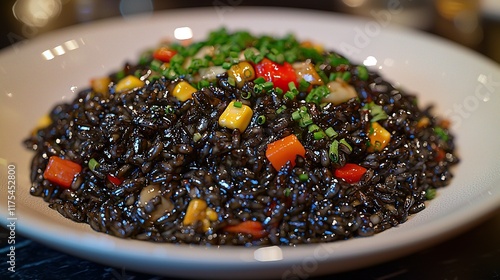 Black rice dish with vegetables served on white plate in restaurant. photo