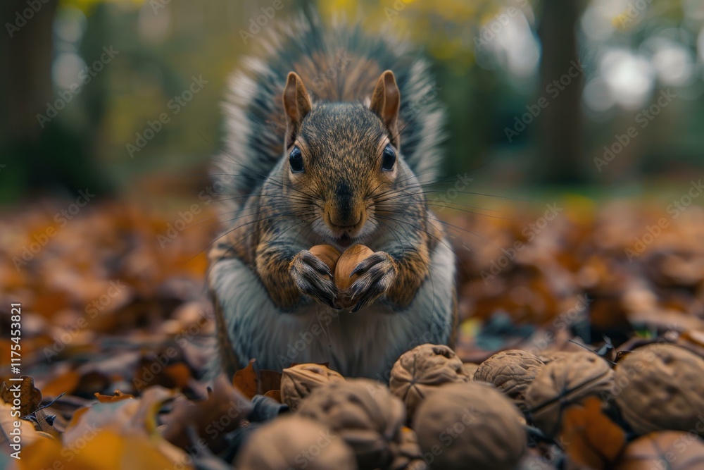Eastern gray squirrel enjoying a nut surrounded by walnuts and dry leaves in a park during autumn Eastern gray squirrel enjoying a nut surrounded by walnuts and dry leaves in a park during autumn