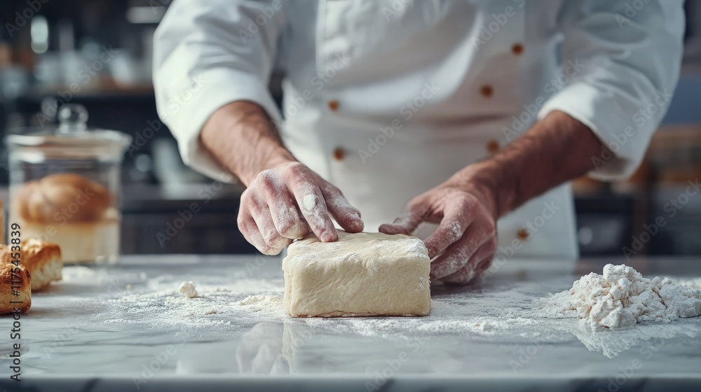 A pastry chef skillfully shaping dough for artisanal bread on a marble countertop in a professional kitchen. A pastry chef skillfully shaping dough for artisanal bread on a marble countertop in a professional kitchen.
