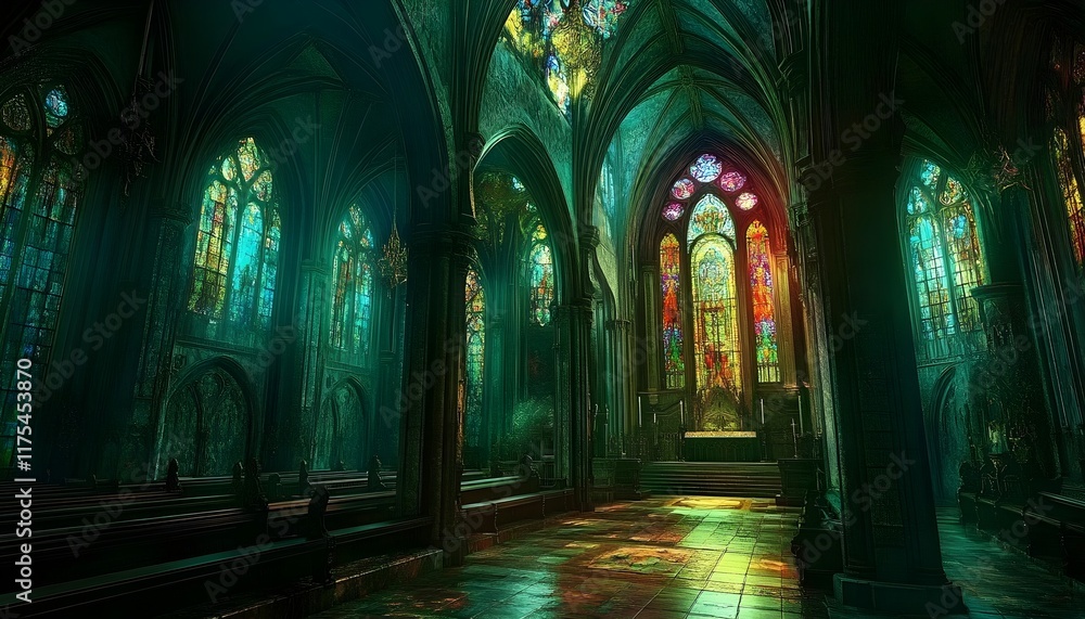 Obraz premium Enthralling Gothic Cathedral Interior with Vibrant Stained Glass Windows
