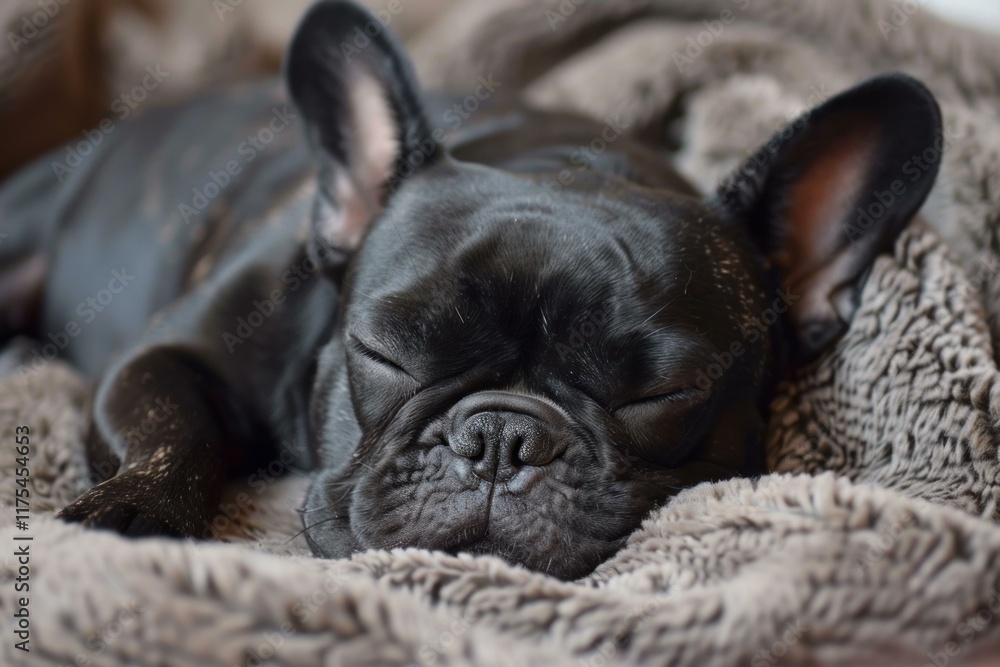 Adorable black french bulldog enjoying a peaceful nap, nestled comfortably on a soft, cozy blanket Adorable black french bulldog enjoying a peaceful nap, nestled comfortably on a soft, cozy blanket