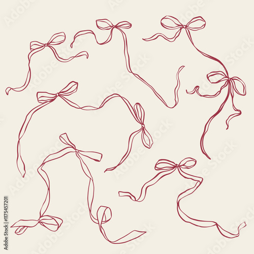 Vector red bows set. Hand-drawn gift bow isolated on beige background. Holiday illustration for design, print, fabric or background.
