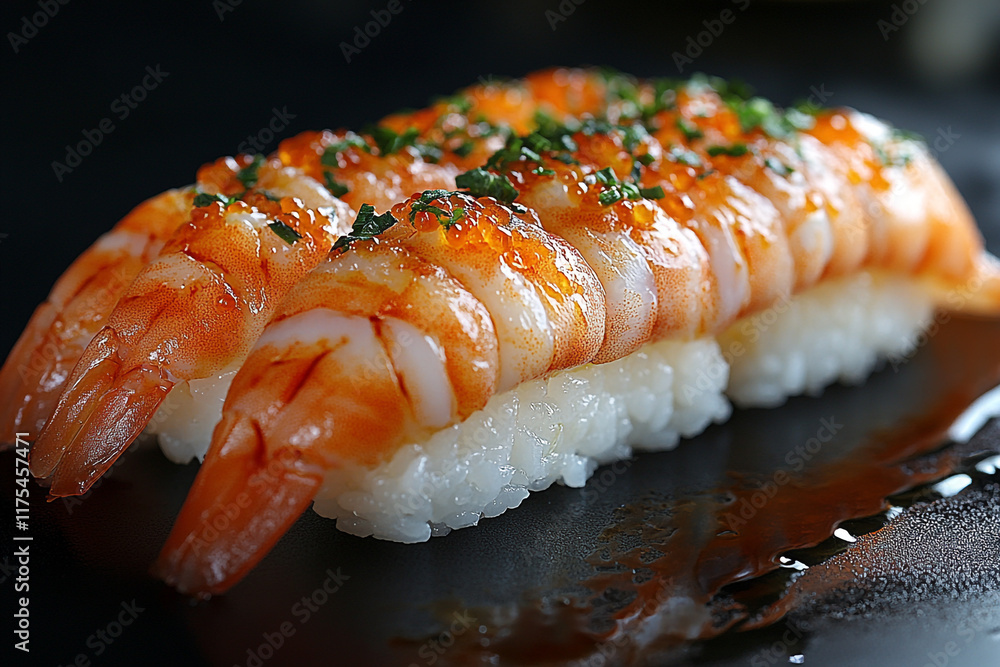 Delicious Shrimp Sushi Topped With Roe And Herbs Delicious Shrimp Sushi Topped With Roe And Herbs