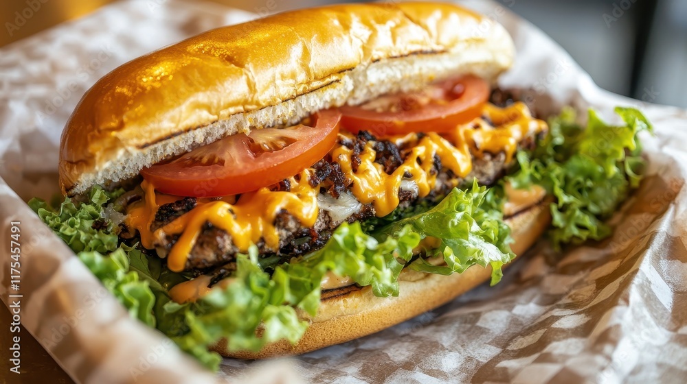 Close-Up of Fresh Hamburger with Open Bun, Topped with Cheese, Tomatoes, and Lettuce in Gourmet Presentation Close-Up of Fresh Hamburger with Open Bun, Topped with Cheese, Tomatoes, and Lettuce in Gourmet Presentation
