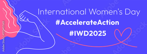 Accelerate Action campaign pose. International Women's Day 2025 theme. Horizontal banner. Outline woman shows strength gesture with arm in solidarity and support for women's rights, gender equality