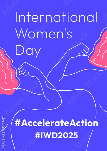 Accelerate Action campaign pose. International Women's Day 2025 poster. Outline women doing strength gesture with arm in solidarity and support for women's rights and gender equality. Linear banner