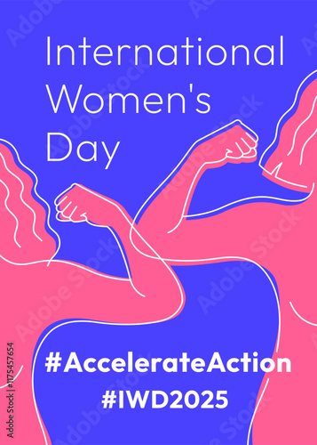 Accelerate Action campaign pose. International Women's Day 2025 poster. Outline women doing strength gesture with arm in solidarity and support for women's rights and gender equality. Linear banner