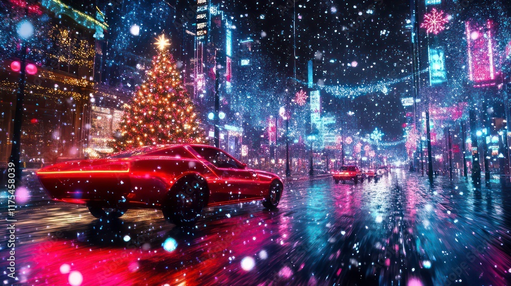 Fototapeta premium Red classic car drives through a snowy, neon-lit city street at night, past a large decorated Christmas tree.